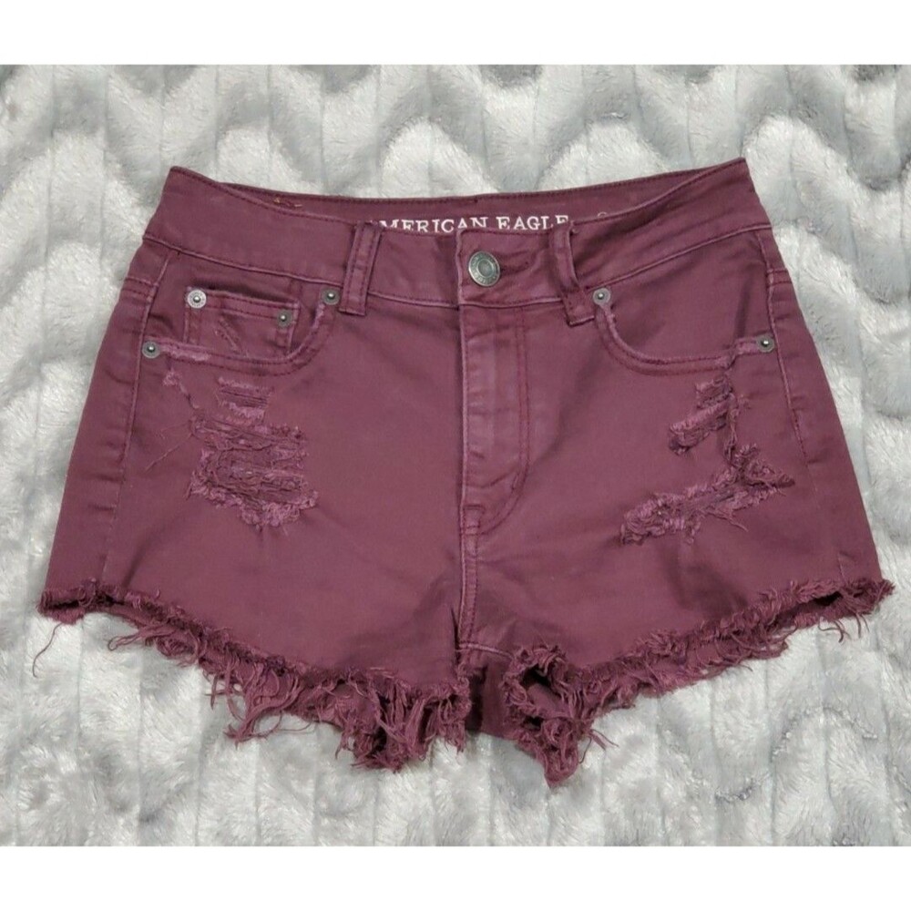 American Eagle Womens Size 0 Stretch Distressed Denim Cut Off Shorts Plum Purple